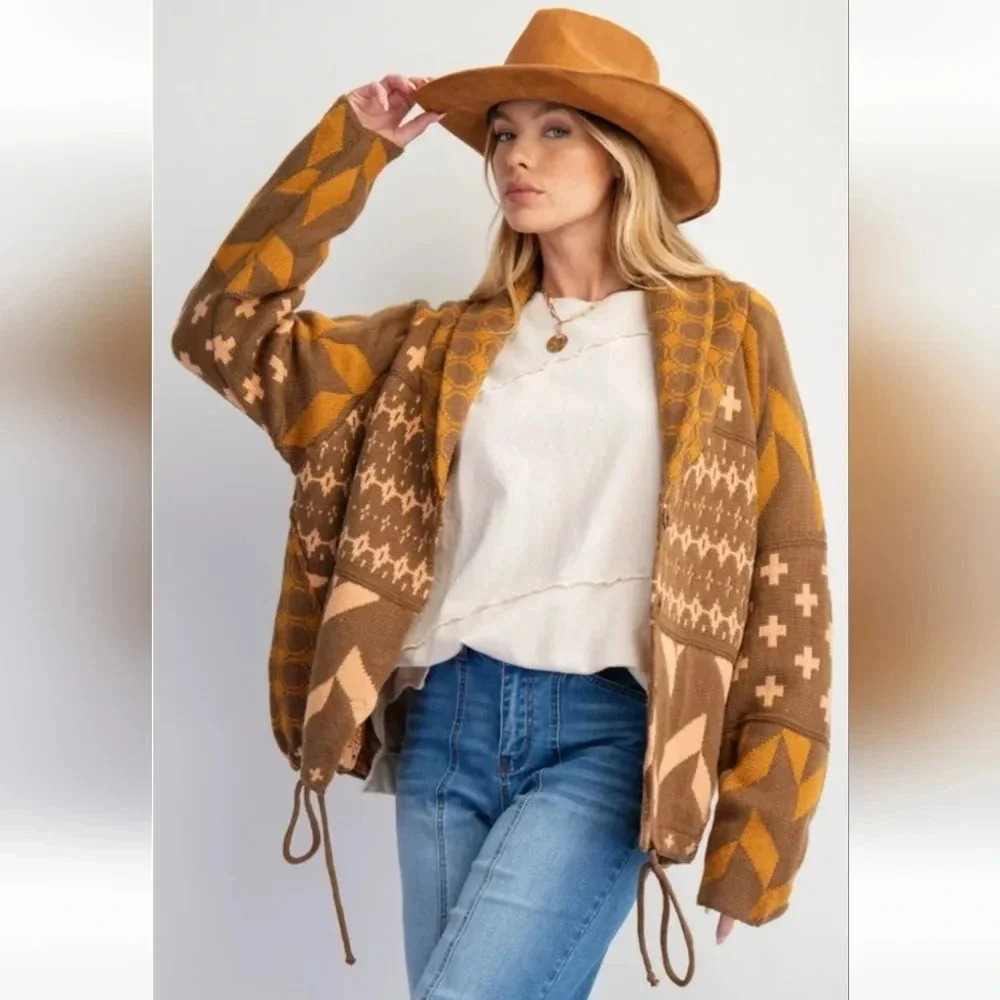 New Easel Ethnic Printed Knit Sweater Cardigan L